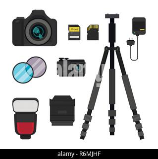 Set of photo equipment. DSLR camera, action camera, flash, tripod, lens and filters, battery charger and memory cards. Prefessional device. Modern technology. Isolated vector icons in flat style. Stock Vector