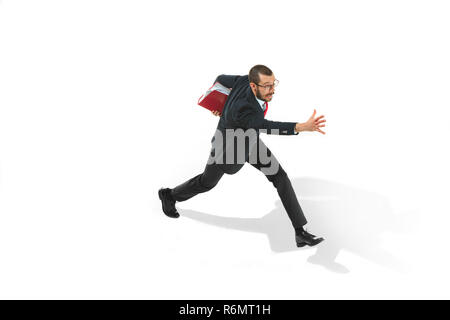 Businessman running with a folder on white background Stock Photo