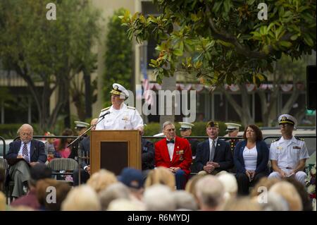 CORONADO, Calif. (May 29, 2017) Vice Adm. Tom Rowden, commander of Naval Surface Force U.S. Pacific Fleet, delivers remarks during the Coronado Memorial Day commemoration at Star Park in Coronado, Calif. Nearly 500 military, veteran and civilian guests gathered to pay tribute and remember fallen service members, heroes, loved ones and brothers and sisters in arms. Stock Photo