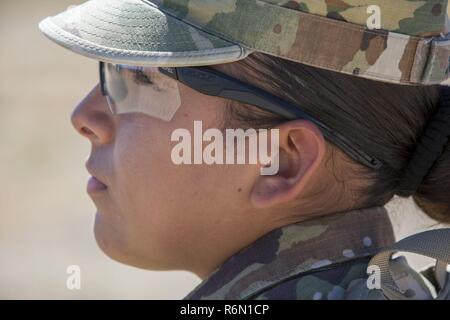 U.S. Army Pfc. Jessica Estrada, assigned to Headquarters and Headquarters Company (HHC) Network Enterprise Technology Command (NETCOM), poses for a portrait at Fort Huachuca, Az., May 12, 2017. Estrada is 1 of 11 Soldiers competing in the 2017 NETCOM Best Warrior Competition. Stock Photo