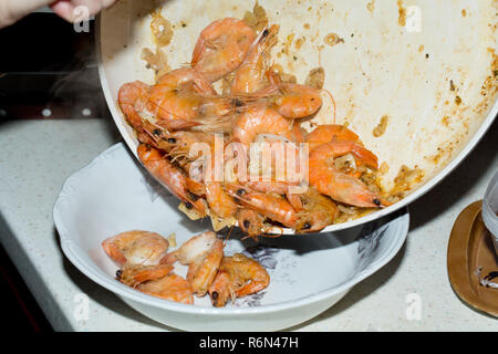 fresh gulf shrimps with garlic fried in olive oil Stock Photo