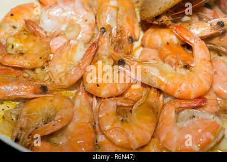 fresh gulf shrimps with garlic fried in olive oil Stock Photo