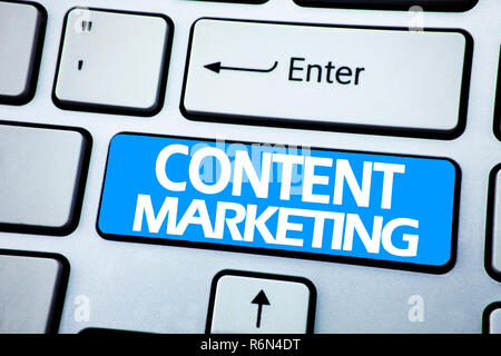 Handwriting Announcement text showing Content Marketing. Business concept for Online Media Plan written on red key on the keybord background. Stock Photo