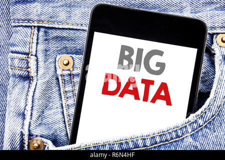 Writing text showing Big Data. Business concept for Digital Business Analysis written on cellphone phone smartphone in the men pocket. Stock Photo