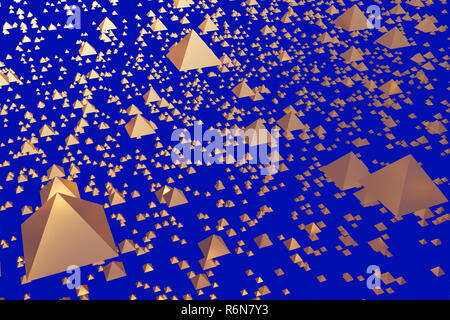 3d illustration of floating,golden pyramids with square base and blue ...