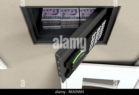 An open hidden wall safe with stacks of norwegian kroner banknote piles  revealed behind a hanging framed picture on a wall in a house - 3D render Stock Photo