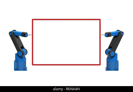 Two robots holding blank board Stock Photo