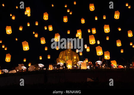 LAMPHUN, THAILAND - NOV 22: Yee Peng Festival, Loy Krathong celebration and floating lanterns in Lamphun, Thailand on November 22, 2018 Stock Photo