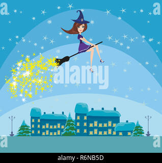 witch flying over the city Stock Photo