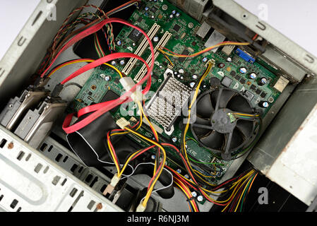 Electronic circuit Board known as a Motherboard in a desktop CPU in a PC. Stock Photo