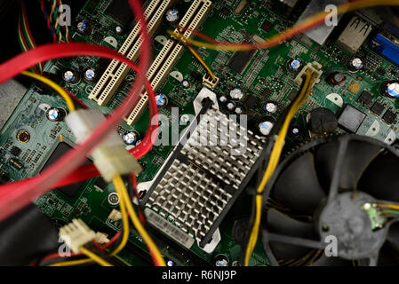 Electronic circuit Board known as a Motherboard in a desktop CPU in a PC. Stock Photo