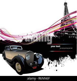 Old car with Paris image background. Vector illustration Stock Vector