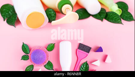 Banner Cosmetics for hair and body care white bottles on a pink background natural organic product. Copy space, selective focus Stock Photo