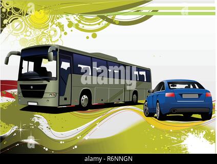 Green and Yellow grunge background with bus and car images. Vector Stock Vector