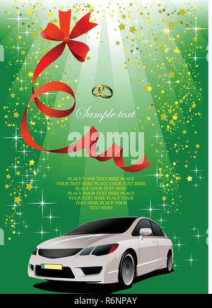 Wedding white car on green background. Vector illustration Stock Vector