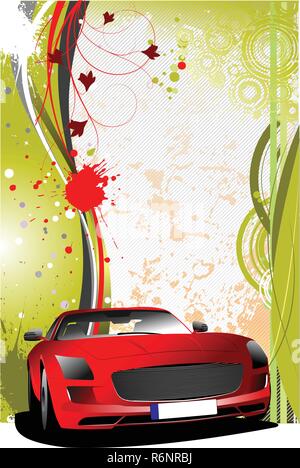 Green and red grunge background with red car. Vector Stock Vector