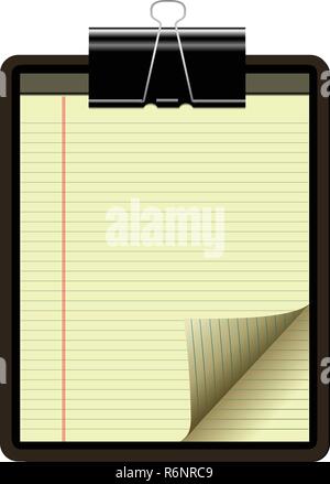 CLIPBOARD YELLOW LEGAL PAD CORNER PAPER PAGE CURL; Stock Vector