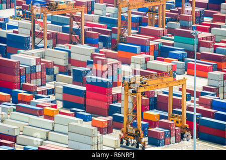 Aerial view of colorful freight containers in cargo shipping port of Singapore Stock Photo