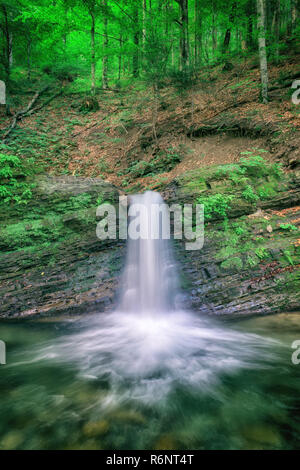 Falling water from the rock in the green forest, vertical image suitable for wallpaper, Lumshory, Carpathians Stock Photo