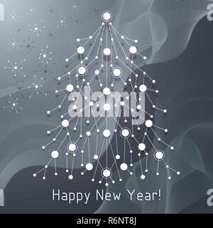 White fir tree made of connected lines and dots Stock Vector