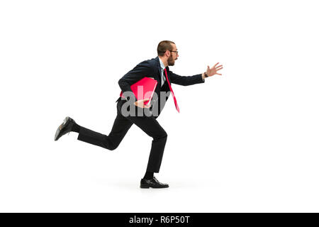 Businessman running with a folder on white background Stock Photo