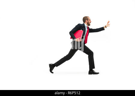Businessman running with a folder on white background Stock Photo