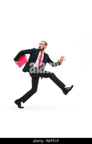 Businessman running with a folder on white background Stock Photo