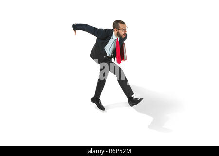 Businessman running with a folder on white background Stock Photo