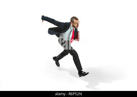 Businessman running with a folder on white background Stock Photo