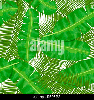 Coconut palm and Banana palm leaves seamless pattern. label template. Vector illustration with tropic motif Stock Photo