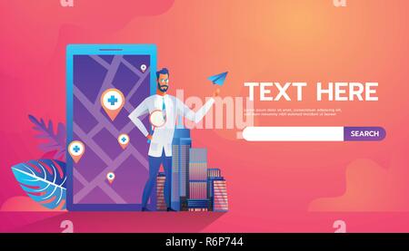 Technology and health Concept. Doctor standing in front of Map on mobile online application Stock Vector