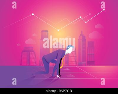 Business man is ready to run at start point on business chart background. Stock Vector