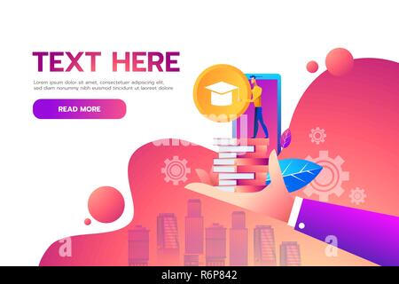 Flat Isometric Education Online vector design concept. Man holding education learning icon Stock Vector
