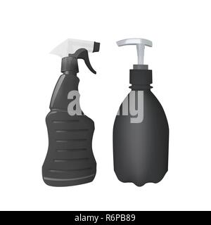 Plastic bottle with dispenser and spray. Vector illustration. Packaging for soap and cleaning products. Stock Vector