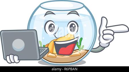 With laptop cartoon goldfish a in on fishbowl Stock Vector