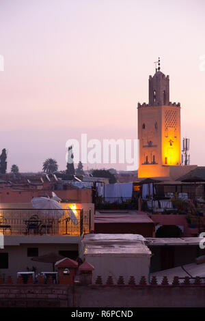 Marrakech Morocco - sunrise over the Marrakesh skyline and mosque, Marrakech, Morocco Africa Stock Photo