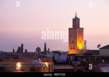 Marrakech Morocco - sunrise over the Marrakesh skyline and mosque, Marrakech, Morocco Africa Stock Photo