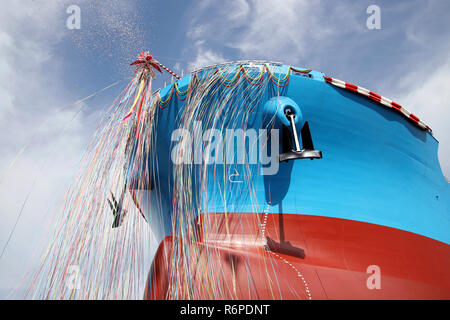 Newly built vessel during launching of the shipyard in Japan Stock Photo