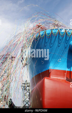 Newly built vessel during launching of the shipyard in Japan Stock Photo