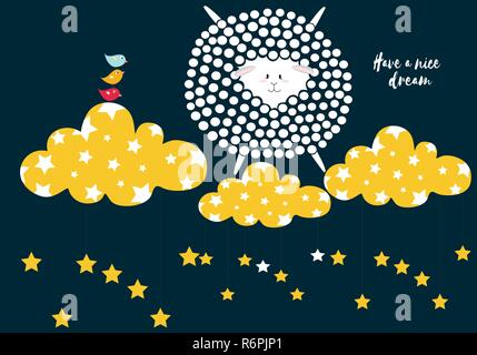 Sheep in dots, have a nice dream card in white, pink, gold and black colors palette vector illustration with birds and clouds with stars, template, on Stock Vector