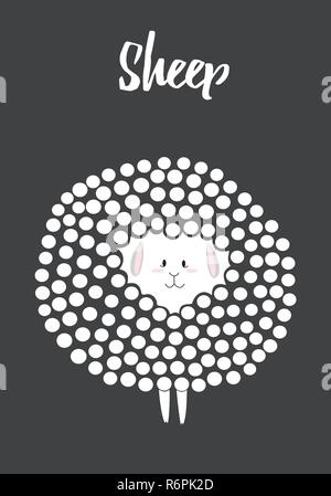 Sheep in dots, white, pink and black colors palette vector illustration card template on a dark gray background Stock Vector
