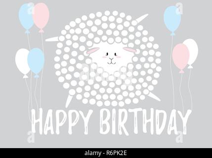 Sheep in dots with the balloons, Happy Birthday card in white, pink, blue and black colors palette vector illustration card template Stock Vector