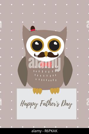 Owl Happy Father's Day in brown with black,white and gold metallic colors palette vector illustration card template on a dot pattern background Stock Vector