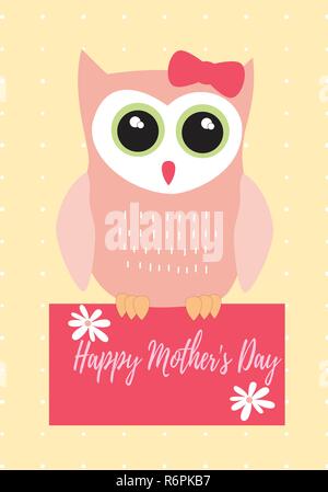 Owl Happy Mother's Day in pink with green, black and white colors palette vector illustration card template on a yellow dot pattern background Stock Vector