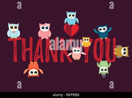 Owls Thank you card in red colorful palette vector illustration template on a dark red background Stock Vector