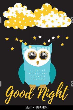 Owl Good Night in turquoise blue with black,white and gold metallic colors palette vector illustration card template on a black background with clouds Stock Vector