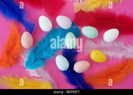 easter eggs and plumelets colored with different colors on pink background, from above Stock Photo