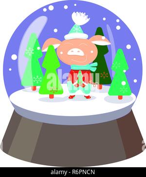 cute pig in snowball with falling snowflakes and on white background. Stock Vector