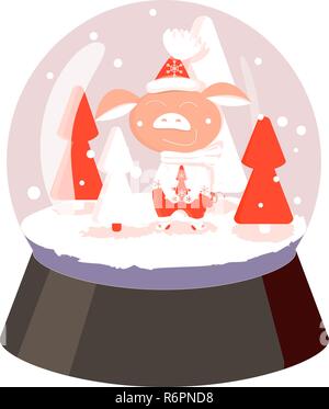In a glass ball pig in pants, mittens and a hat with snowflakes on the ice among the red trees and falling snow Stock Vector