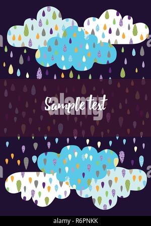 Rainy day vector card template illustration, rain in colors dark background Stock Vector